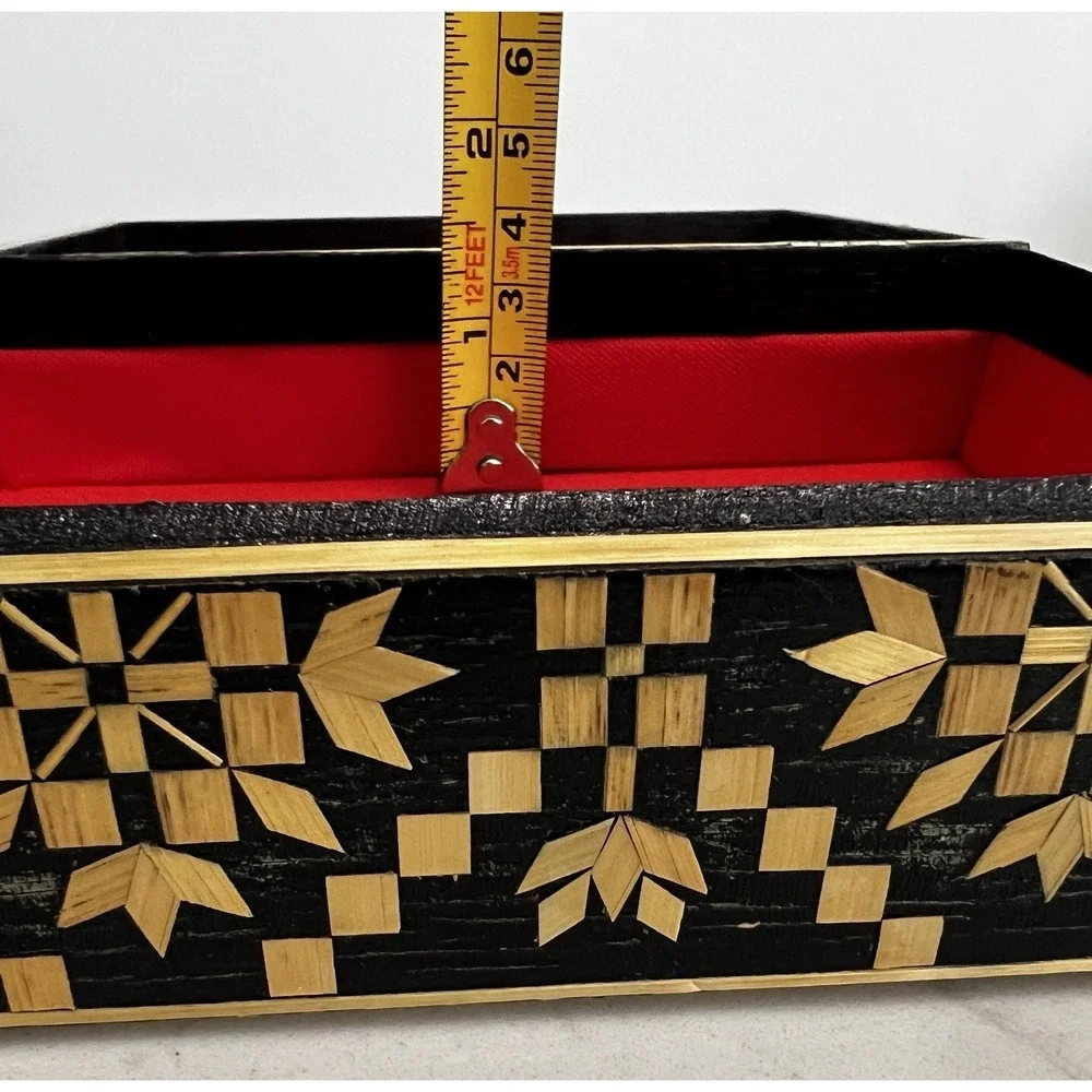 Vtg USSR Straw Marquetry Inlay Wood Jewelry Trinket Box Russia Folk‎ Art Boho